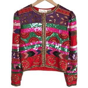 VTG Laurence Kazar Pure Silk Beaded Sequin Jacket Sz S Red Multi Color Statement